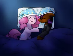 Size: 1019x784 | Tagged: artist:maplesunrise, ask snuggle pie, bed, derpibooru import, eyes closed, floppy ears, hat, nightcap, oc, pinkie pie, safe, sleeping, smiling, unofficial characters only