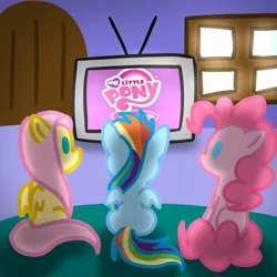 Size: 894x894 | Tagged: artist:maplesunrise, derpibooru import, fluttershy, logo, my little pony logo, pinkie pie, pointy ponies, rainbow dash, safe, television