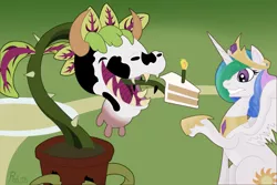 Size: 1125x750 | Tagged: safe, artist:philith, derpibooru import, princess celestia, alicorn, pony, cake, cakelestia, carnivorous plant, cowplant, female, food, mare, piranha plant, plant, potted plant, the cake is a lie, the sims, this will end in death, this will end in tears, udder, wat
