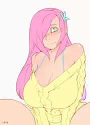 Size: 576x800 | Tagged: artist:doxy, big breasts, blushing, breasts, busty fluttershy, cleavage, clothes, derpibooru import, female, fluttershy, hair over one eye, huge breasts, human, humanized, light skin, off shoulder, sexy, solo, solo female, stupid sexy fluttershy, suggestive, sweater, sweatershy, you call that a bra