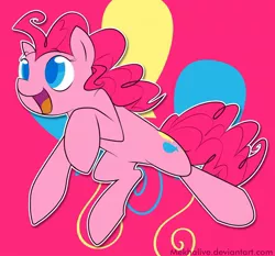 Size: 900x837 | Tagged: safe, artist:mekhalive, derpibooru import, pinkie pie, earth pony, pony, colored pupils, cute, cutie mark, diapinkes, female, jumping, mare, open mouth, pink background, simple background, solo