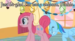 Size: 960x535 | Tagged: caption, confetti, derpibooru import, edit, edited screencap, eyes closed, gritted teeth, image macro, open mouth, party, party of one, pinkamena diane pie, pinkie pie, pushing, rainbow dash, rump push, safe, screencap, surprise, surprised, wide eyes