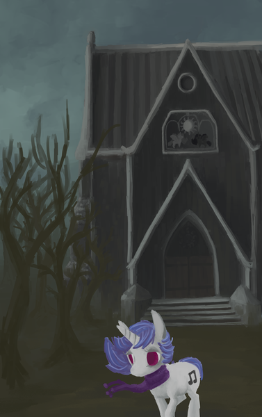 Size: 2200x3500 | Tagged: dead source, semi-grimdark, artist:celestiawept, derpibooru import, vinyl scratch, pony, unicorn, church, clothes, looking away, looking down, sad, scarf, solo