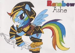 Size: 900x633 | Tagged: artist:xarazel, ashe, costume, derpibooru import, league of legends, rainbow dash, safe