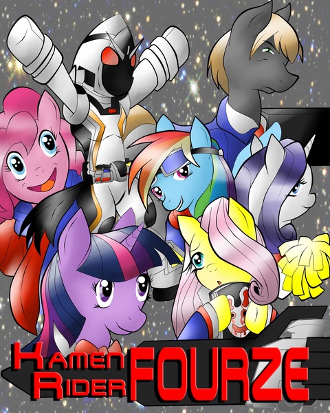 Size: 1689x2110 | Tagged: crossover, derpibooru import, fluttershy, hero, kamen rider, kamen rider fourze, masked, parody, pinkie pie, ponified, rainbow dash, rarity, safe, space, tumblr, twilight sparkle