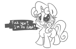 Size: 1076x692 | Tagged: safe, artist:leadhooves, derpibooru import, sweetie belle, pony, robot, robot pony, unicorn, black and white, comic, cute, dialogue, diasweetes, female, filly, foal, fuck you, grayscale, hooves, horn, monochrome, open mouth, simple background, solo, suspiciously specific denial, sweetie bot, vulgar, white background