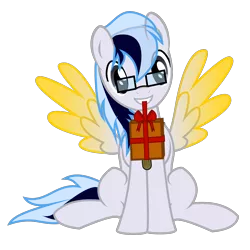 Size: 1500x1500 | Tagged: safe, artist:n0m1, derpibooru import, oc, oc:stardust mach, unofficial characters only, holding, holding a present, mouth hold, present, simple background, sitting, solo, transparent background, vector