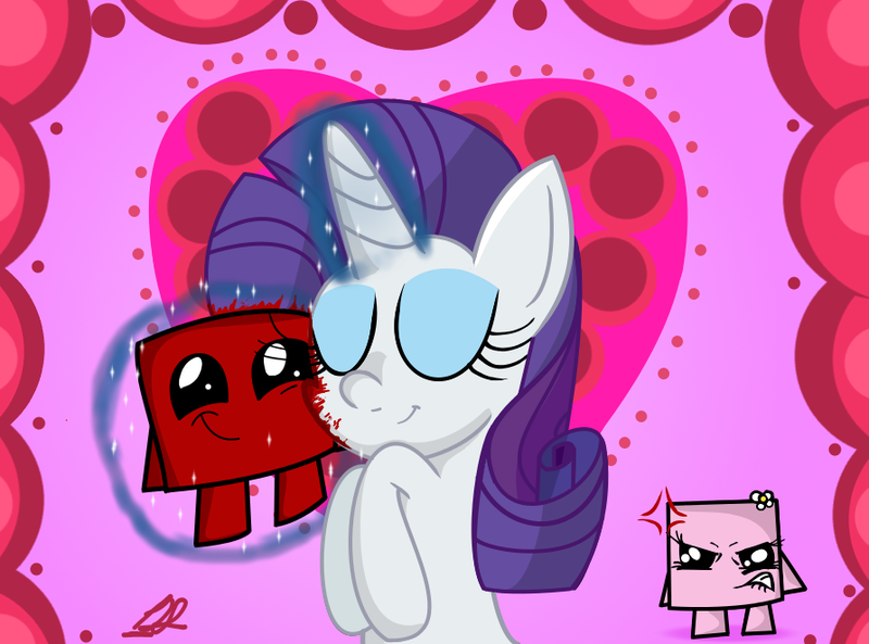 Size: 893x662 | Tagged: safe, artist:daniel-sg, derpibooru import, rarity, blood, crossover, crossover shipping, female, jealous, male, straight, super meat boy, wtf