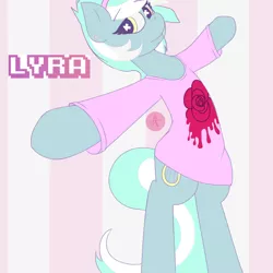 Size: 2000x2000 | Tagged: safe, artist:prismdream, derpibooru import, lyra heartstrings, pony, unicorn, abstract background, bipedal, clothes, ear piercing, fashion, hairband, pastel goth, piercing, shirt, soft grunge, solo, wingding eyes