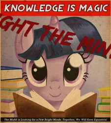 Size: 930x1029 | Tagged: safe, artist:0okami-0ni, artist:retro melon, derpibooru import, twilight sparkle, pony, unicorn, fallout equestria, fanfic, book, fallout, fanfic art, female, horn, looking at you, mare, ministry mares, ministry of arcane sciences, poster, propaganda, propaganda poster, smiling, solo, text