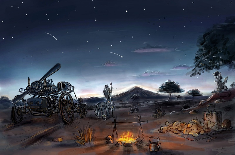 Size: 1600x1053 | Tagged: safe, artist:agm, derpibooru import, pegasus, pony, unicorn, zebra, campfire, machinery, night, propeller, savanna, scenery, spear, stars