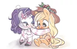Size: 500x317 | Tagged: safe, artist:th351, derpibooru import, applejack, rarity, clothes, holly, rarijack, scarf, shared clothing, shared scarf, shipping, simple background, white background