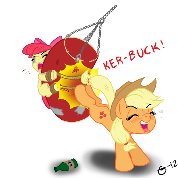 Size: 1000x1000 | Tagged: abuse, alcohol, apple bloom, applebuse, applejack, artist:gavalanche, black eye, blood, bucking, dead source, derpibooru import, drunk, drunk aj, freckles, grimdark, hat, punching bag, sweat