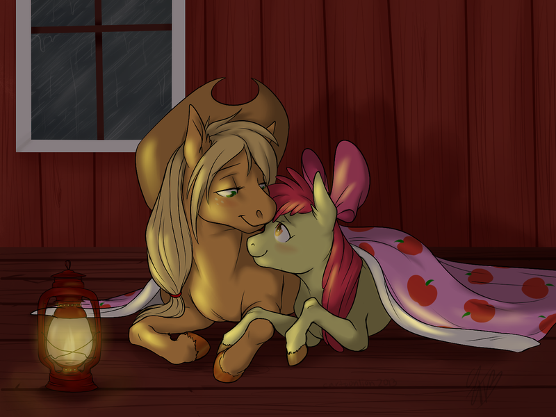 Size: 1280x960 | Tagged: apple bloom, applejack, artist:cartoonlion, blanket, commission, dead source, derpibooru import, lantern, realistic, safe