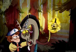 Size: 1009x695 | Tagged: dead source, safe, artist:cherryviolets, derpibooru import, discord, bill cipher, crossover, dipper pines, gravity falls