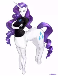 Size: 766x1000 | Tagged: artist:kazeco, centaur, clothes, derpibooru import, pixiv, ponytaur, rarity, realistic horse legs, safe, skirt, solo, sweater