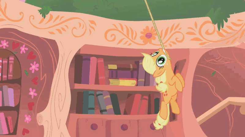 Size: 854x480 | Tagged: safe, derpibooru import, screencap, applejack, pony, look before you sleep, animated, hanging, mouth hold, rope, silly, silly pony, solo, suspended, swinging, swingjack, tree