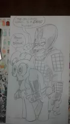 Size: 1024x1816 | Tagged: andy you magnificent bastard, ape, artist:andypriceart, derpibooru import, gorilla, pinkie pie, planet of the apes, safe, sketch, speech bubble, traditional art
