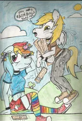 Size: 736x1085 | Tagged: anthro, artist:doodlethepony, board, bump, cloud, derpibooru import, derpy hooves, injured, plank, rainbow dash, safe, traditional art, wood