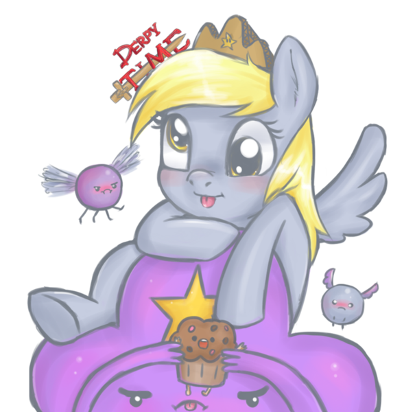 Size: 800x794 | Tagged: safe, artist:tanyamya, derpibooru import, derpy hooves, parasprite, pegasus, pony, adventure time, crossover, female, lumpy space princess, mare, muffin, tongue out