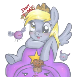 Size: 800x794 | Tagged: safe, artist:tanyamya, derpibooru import, derpy hooves, parasprite, pegasus, pony, adventure time, crossover, female, lumpy space princess, mare, muffin, tongue out