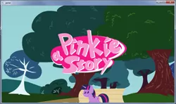 Size: 979x579 | Tagged: safe, derpibooru import, pinkie pie, twilight sparkle, pony, bench, grass, pointy ponies, screenshots, sky, text, tree