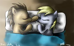 Size: 600x378 | Tagged: safe, artist:neko-me, derpibooru import, derpy hooves, doctor whooves, time turner, pegasus, pony, bed, doctorderpy, female, male, mare, shipping, sleeping, straight