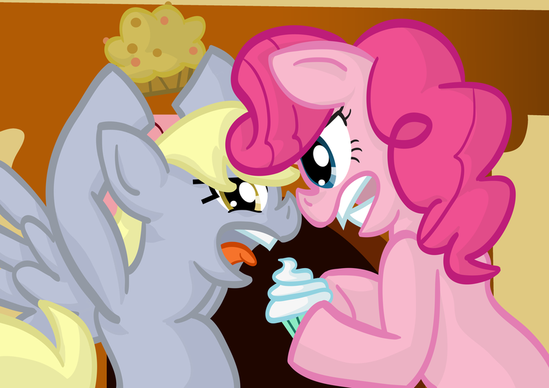 Size: 4961x3508 | Tagged: safe, derpibooru import, derpy hooves, pinkie pie, pegasus, pony, argument, cupcake, cupcakes vs muffins, female, fight, mare, muffin, vs