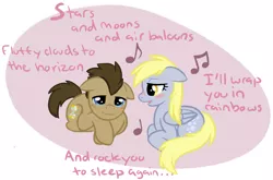 Size: 1024x675 | Tagged: safe, artist:fire-girl872, derpibooru import, derpy hooves, doctor whooves, time turner, pegasus, pony, blushing, doctorderpy, female, lullaby, male, mare, music notes, shipping, singing, song, straight