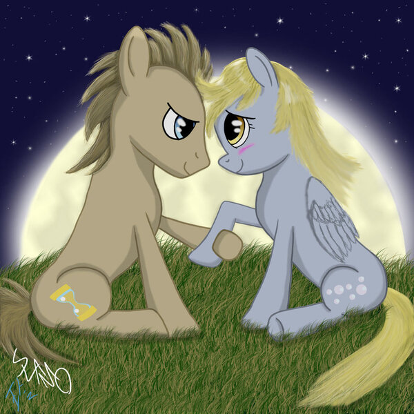 Size: 894x894 | Tagged: safe, artist:slamoleo, derpibooru import, derpy hooves, doctor whooves, time turner, pegasus, pony, doctorderpy, female, male, mare, moon, night, shipping, straight