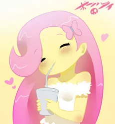 Size: 711x768 | Tagged: artist:born-to-die, breasts, cup, cute, delicious flat chest, drink, drinking, flattershy, fluttershy, human, humanized, pony coloring, safe, shyabetes, smiling, solo, straw, younger