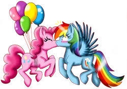 Size: 2160x1516 | Tagged: safe, artist:shadeila, derpibooru import, pinkie pie, rainbow dash, balloon, blushing, female, kissing, lesbian, pinkiedash, shipping, then watch her balloons lift her up to the sky