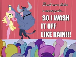 Size: 959x720 | Tagged: safe, derpibooru import, edit, edited screencap, screencap, amethyst star, carrot top, cherry berry, fluttershy, golden harvest, iron will, merry may, minuette, twinkleshine, minotaur, pegasus, pony, crowd, dialogue, duo focus, female, male, mare, microphone, necktie, nose piercing, nose ring, piercing, quote, rhyme, star trek, star trek v: the final frontier, sybok