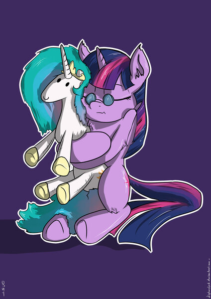 Size: 1024x1448 | Tagged: artist:distoorted, derpibooru import, filly, filly twilight sparkle, fluffy, glasses, hug, plushie, princess celestia, safe, sleeping, sleepy, twilight sparkle