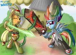 Size: 1024x738 | Tagged: applejack, artist:ziemniax, crossover, derpibooru import, evangelyne, rainbow dash, rubilax, sadlygrove, safe, tristepin, wakfu