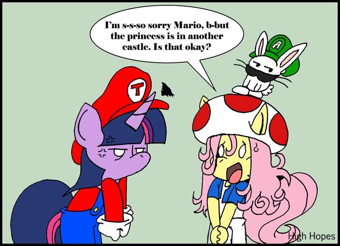 Size: 700x506 | Tagged: angel bunny, anthro, artist:zarshi-zarshi, clothes, crossover, cross-popping veins, derpibooru import, fluttershy, hat, in another castle, luigi, mario, moustache, nintendo, overalls, safe, speech bubble, super mario bros., toad (mario bros), twilight sparkle