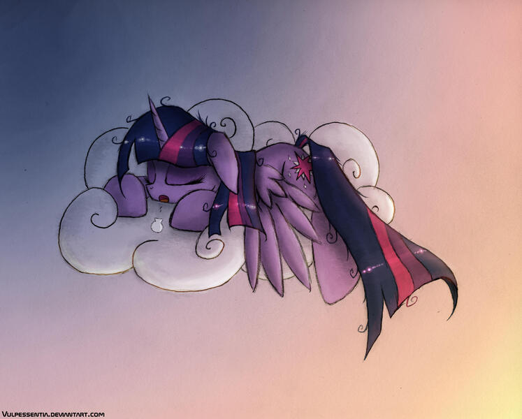 Size: 2732x2195 | Tagged: safe, artist:vulpessentia, derpibooru import, twilight sparkle, twilight sparkle (alicorn), alicorn, pony, :o, cloud, cute, eyes closed, female, floppy ears, mare, messy mane, on a cloud, prone, sleeping, solo