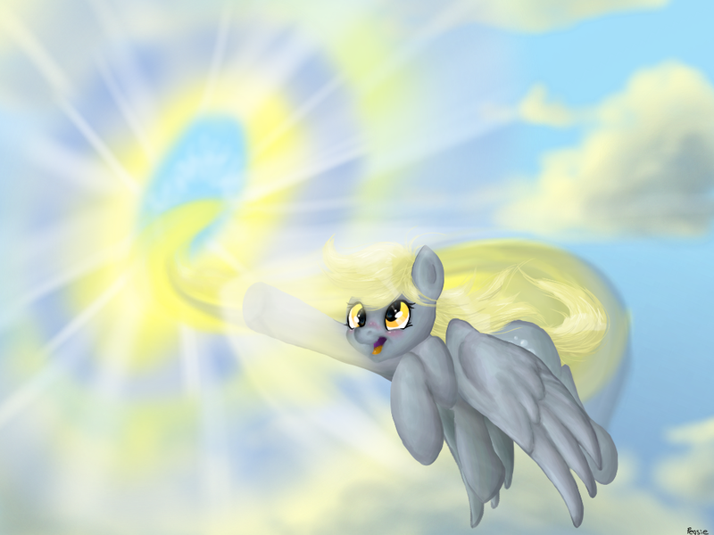 Size: 1024x768 | Tagged: safe, artist:pegsie, derpibooru import, derpy hooves, pegasus, pony, derp, female, mare, muffin, sonic rainboom, sonic xboom