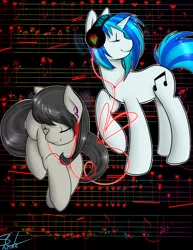 Size: 1280x1656 | Tagged: safe, artist:azure-doodle, derpibooru import, octavia melody, vinyl scratch, earth pony, pony, unicorn, cute, earbuds, eyes closed, female, headphones, lesbian, listening, love, music, music notes, scratchtavia, shipping, smiling