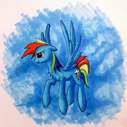 Size: 1932x1932 | Tagged: safe, artist:kiriall, derpibooru import, rainbow dash, pegasus, pony, female, flying, mare, signature, smiling, solo, traditional art