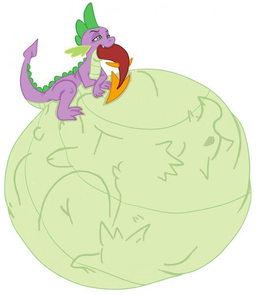 Size: 900x1034 | Tagged: artist:dragga, artist:nightmarebros, belly, belly bed, cannibalism, derpibooru import, dragon, fat spike, fetish, garble, impossibly large belly, questionable, soft vore, spike, spipred, tail sticking out, teenaged dragon, vore, why