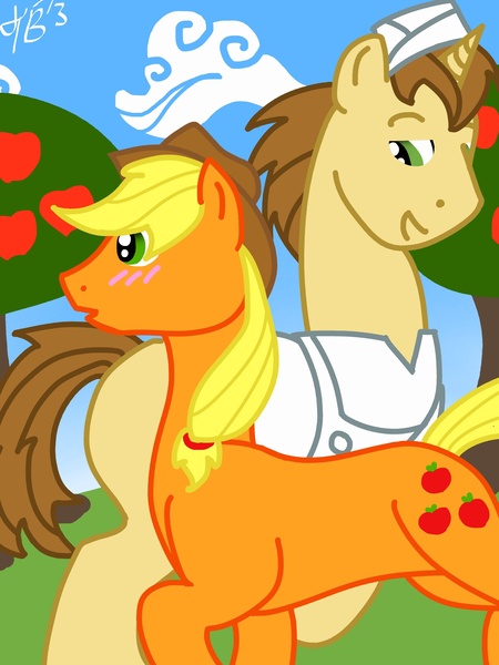 Size: 2250x3000 | Tagged: safe, artist:mimzythefairy, derpibooru import, applejack, donut joe, earth pony, pony, unicorn, apple tree, blushing, cloud, donutjack, female, flirting, male, mare, shipping, stallion, straight, tree