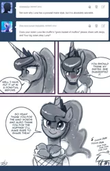 Size: 550x853 | Tagged: safe, artist:johnjoseco, derpibooru import, derpy hooves, princess luna, alicorn, pony, ask princess molestia, gamer luna, blushing, comic, cute, jaws, lunabetes, muffin, ponytail, that pony sure does love muffins