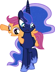 Size: 4007x5190 | Tagged: absurd resolution, artist:abydos91, carrying, derpibooru import, ponies riding ponies, princess luna, safe, scootaloo, simple background, transparent background, vector