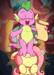Size: 500x700 | Tagged: safe, artist:zonkpunch, derpibooru import, fluttershy, spike, dragon, pegasus, pony, animated, baby, baby dragon, belly button, blushing, cute, dialogue, feet, female, flutterseat, frame by frame, male, mare, paper, pink hair, scroll, shyabetes, speech bubble, spikabetes, talking, weird, wiggling toes