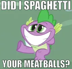 Size: 500x475 | Tagged: derpibooru import, image macro, jimmies, le ruse master, safe, spaghetti, spike