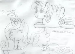 Size: 2187x1587 | Tagged: safe, artist:2shyshy, derpibooru import, princess cadance, twilight sparkle, twilight sparkle (alicorn), alicorn, pony, 30 minute art challenge, a whole new world, aladdin, female, mare, monochrome, pencil drawing, song reference, traditional art