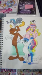 Size: 1024x1816 | Tagged: andy you magnificent bastard, artist:andypriceart, bullwinkle, cadance is not amused, crossover, derpibooru import, epic wife tossing, fastball special, princess cadance, rocky the flying squirrel, safe, shining armor, traditional art, unamused