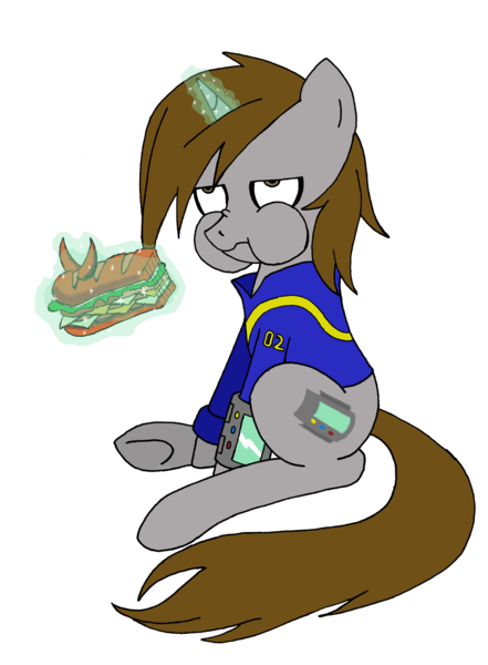 Size: 6866x9349 | Tagged: safe, artist:theblackemperor, derpibooru import, oc, oc:littlepip, unofficial characters only, pony, unicorn, fallout equestria, fanfic, absurd resolution, aqua teen hunger force, broodwich, clothes, crossover, eating, fanfic art, female, glowing horn, hooves, horn, levitation, magic, mare, pipbuck, scrunchy face, simple background, sitting, solo, telekinesis, this will end in death, this will not end well, transparent background, vault suit