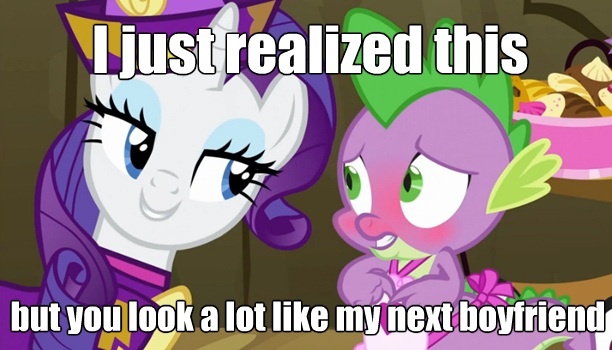 Size: 612x350 | Tagged: safe, derpibooru import, edit, edited screencap, screencap, rarity, spike, dragon, pony, unicorn, dragon quest, apron, blushing, caption, clothes, female, image macro, male, mare, meme, rarity's bad pickup lines, shipping, sparity, straight